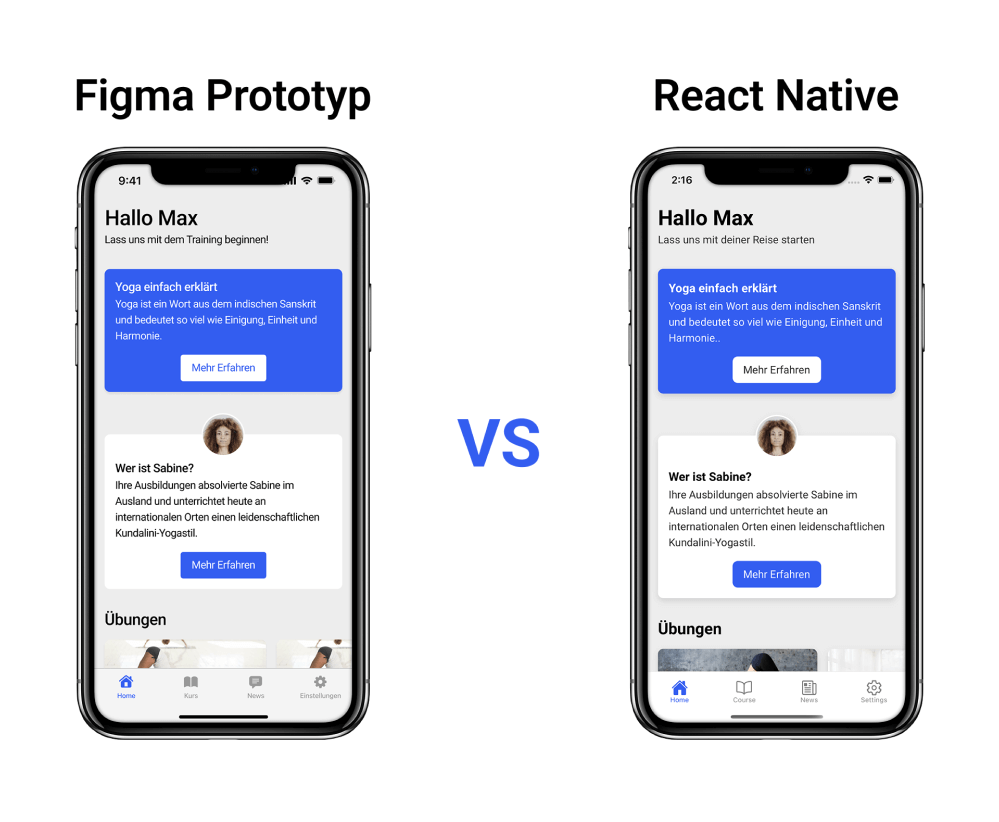 Startscreen App Prototyp vs Umsetzung